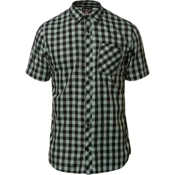 FOX Mens Shirt Troubled Mind Woven Short Sleeve Button Down Green Black Check M - Picture 2 of 14